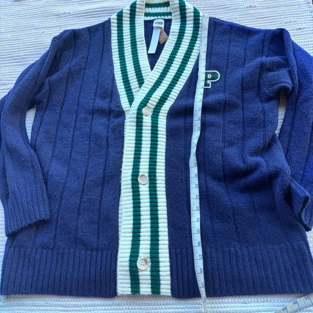 PINK VS Varsity Cardigan Blue Plaid Stripe Cozy Preppy XL NWT
